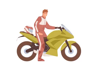 Foto op Plexiglas Happy biker in professional equipment sitting on modern sportbike. Smiling man on sports bike. Human and motorcycle. Flat vector illustration of motorcyclist on motorbike isolated on white background © Good Studio