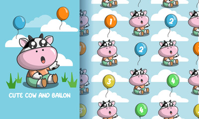 Cute cows and colorful balloons. illustration and pattern set premium vector