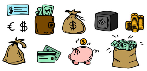 Vector set of money. safe, wallet, piggy bank, bag of coins, cards, check. Hand drawing. Doodle style. On a white isolated background