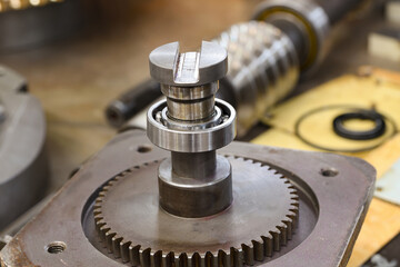 Worm shaft and worm wheel in a locksmith's workshop on the assembly of the gearbox.