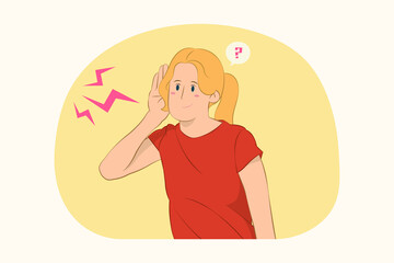 Curious young woman try to hear someone listening intently with hand near ear concept