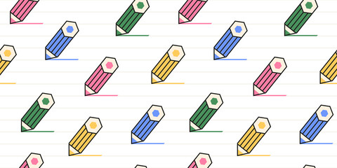 Cute seamless pattern with color pencils and pencil scratches on the lined white background. Colorful stationery background. Vector kids pattern with school theme.