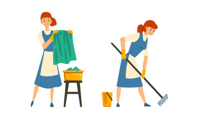 Fototapeta premium Cleaning Service with Woman in Apron Working Mopping Floor and Doing Laundry Vector Set