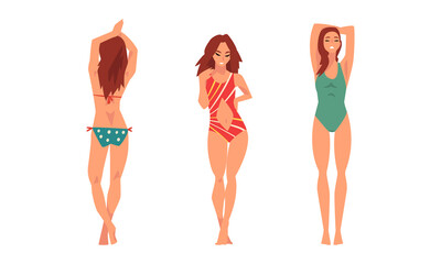 Young Woman in Swimsuit Having Slim Body Standing and Posing Vector Set