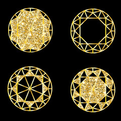 Set of Glitter gold diamond emblems on black background. Jewelry store emblem.