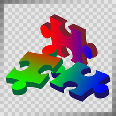 A set of three puzzles. A puzzle with different types of parts and the ability to move each part. Colored vector illustration.