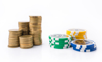 Casino chips and money golden coins stack for games like poker, card and blackjack, roulette. Betting club and gamble