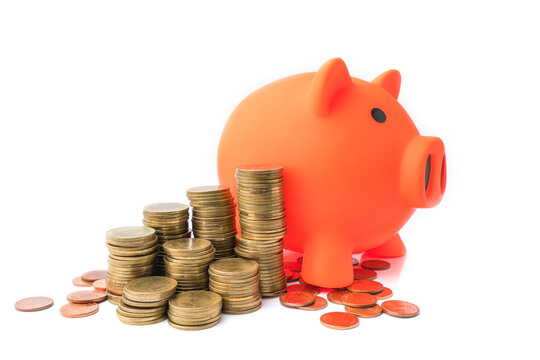 Stacking coins pile and white piggy bank for savings with money and planning step up to growing. Saving money and Grwoth business success concept.