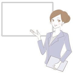 A woman in a suit explaining on a whiteboard.