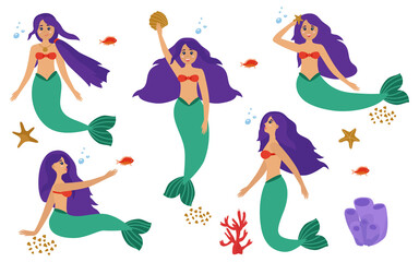 Mermaids, beautiful cute girls with purple hair. Vector set. Isolated illustration.