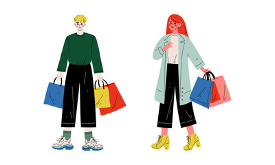 Man and Woman with Shopping Bags Making Purchase in Shopping Mall Vector Set