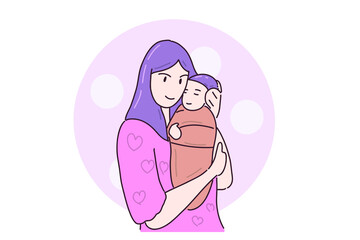 Hand drawn illustration cute daughter kiss her mother