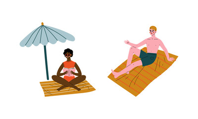 Man and Woman Character Having Summer Vacation on Sea Shore Wearing Swimsuit and Sunbathing Vector Set