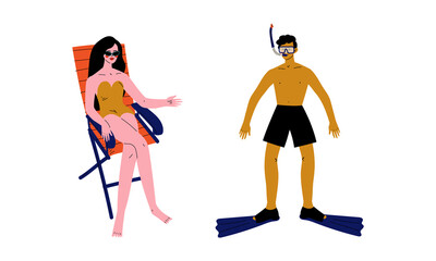 Man and Woman Characters Having Summer Vacation on Sea Shore Wearing Swimsuit and Sunbathing Vector Set