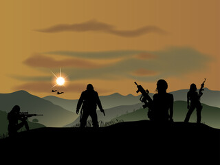 A group of girls with weapons in their hands. Sky, mountains, trees, sunset. Colorful vector image.