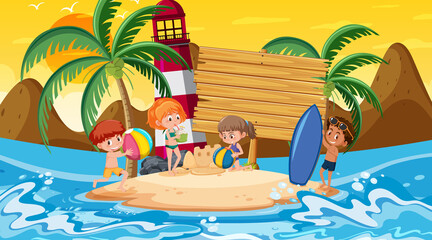Kids on vacation at the beach sunset scene with an empty banner template