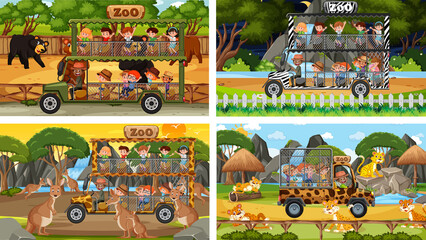 Set of different animals in safari scenes with kids