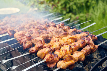 Pieces of delicious barbecued meat on skewer cooking on hot coals. Roast pork meat cooked on grill. Barbecue party on the nature. Close up top view.