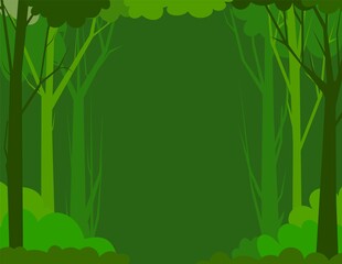Forest landscape. Frame. Dense wild trees with tall, branched trunks. Summer green landscape. Flat design. Cartoon style. Vector