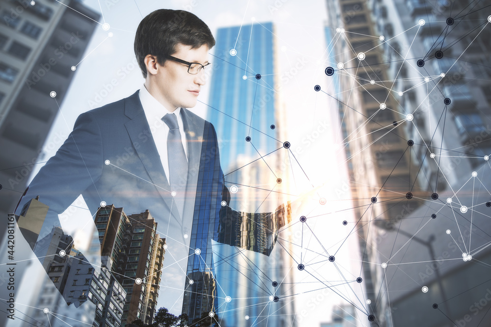 Poster Businessman using smartphone on abstract city background with digital mesh. Communication and technology concept. Double exposure.