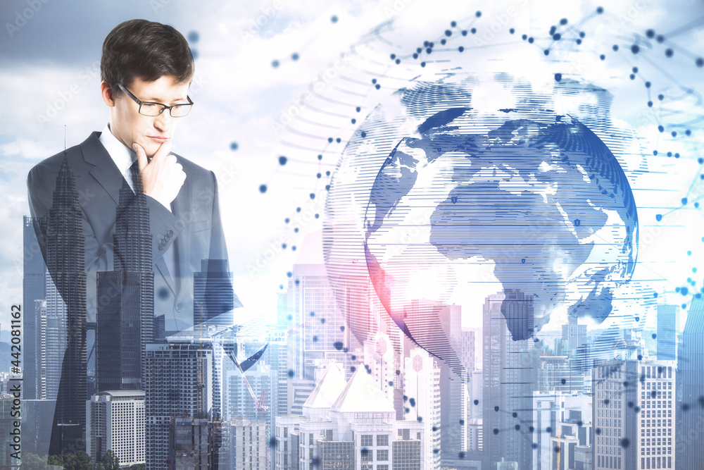 Poster businessman on abstract city background with globe hologram. global innovation and digital transform
