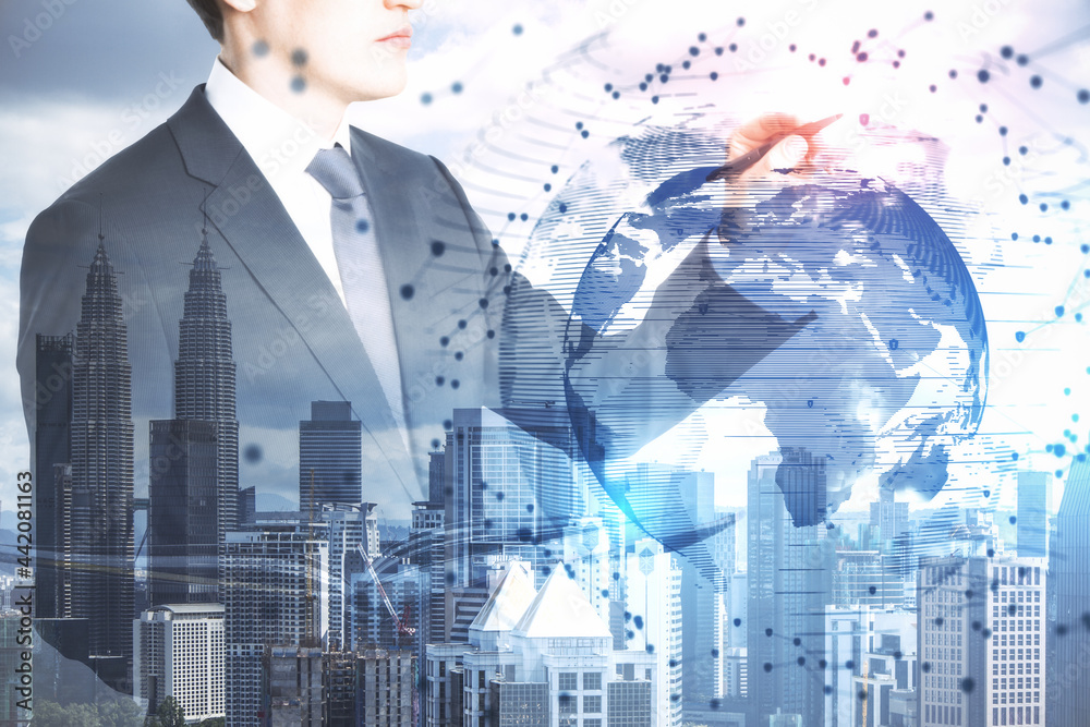 Poster businessperson on abstract city background with globe hologram. global innovation and digital transf