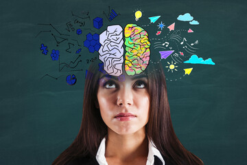 Portrait of pretty young european businesswoman with creative colorful brain sketch on wall...