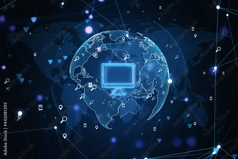 Poster Creative globe hologram with computer icon. Cloud computing and technology concept. 3D Rendering.