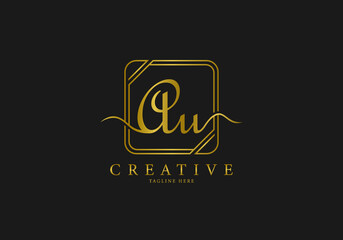 Initial AU Letter Golden Square Signature, Luxury Logo.