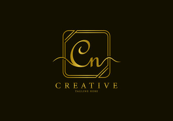 Initial CN Letter Golden Square Signature, Luxury Logo.