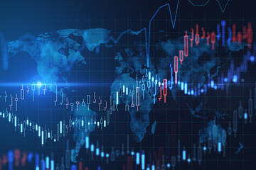 Creative glowing forex background with map. Trade and global market concept. 3D Rendering.