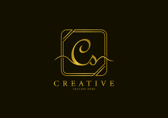 Initial CS Letter Golden Square Signature, Luxury Logo.