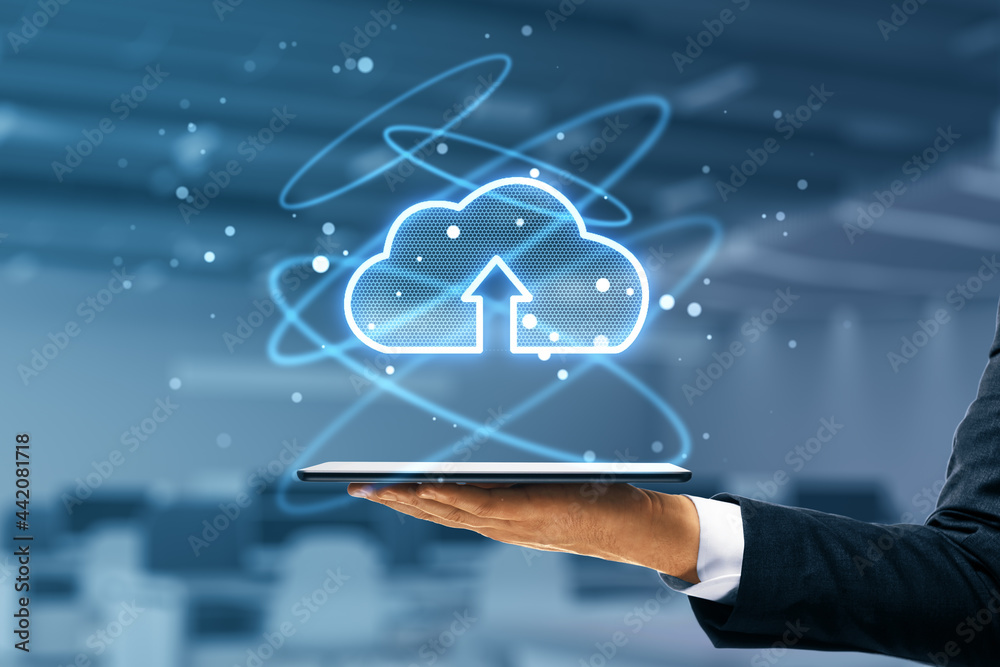 Poster cloud computing and innovation concept. businessman hand holding tablet with abstract glowing icon o