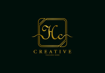 Initial HC Letter Golden Square Signature, Luxury Logo.