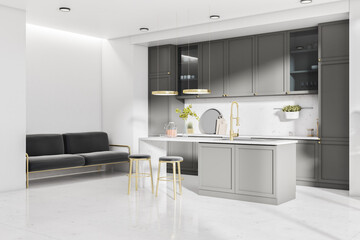 Bright kitchen interior with island, appliances, sunlight. Design concept. 3D Rendering.