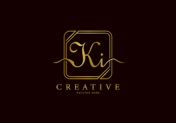 Initial KI Letter Golden Square Signature, Luxury Logo.