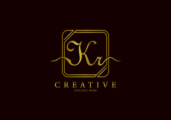 Initial KR Letter Golden Square Signature, Luxury Logo.