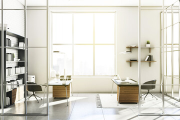 Modern glass office interior with panoramic city view, sunlight and large bookshelf. 3D Rendering.