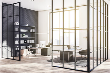 Designer glass office interior with panoramic city view, sunlight and large bookshelf. 3D Rendering.