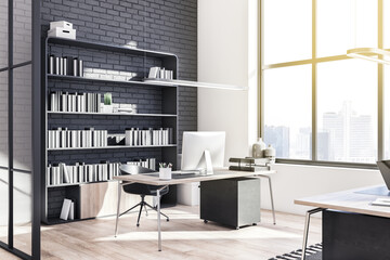 New glass office interior with panoramic city view, sunlight and large bookshelf. 3D Rendering.