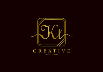 Initial KT Letter Golden Square Signature, Luxury Logo.