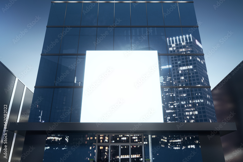 Poster square white billboard on shiny glass building exterior with reflections at night time. mock up, 3d 