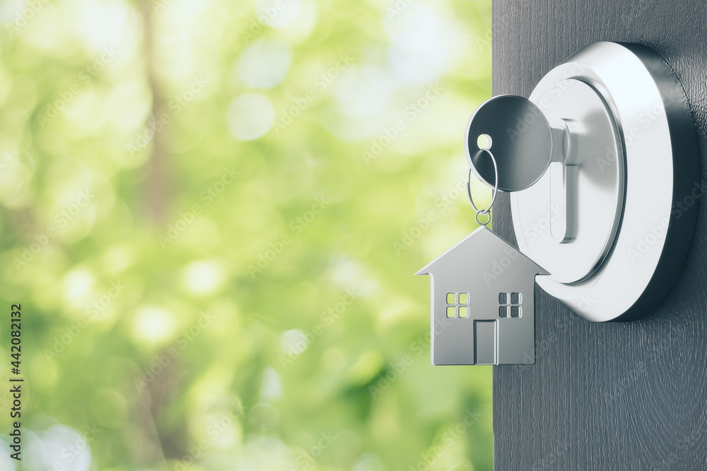 Poster opening door with silver house key chain on blurry green background and mock up place for your adver