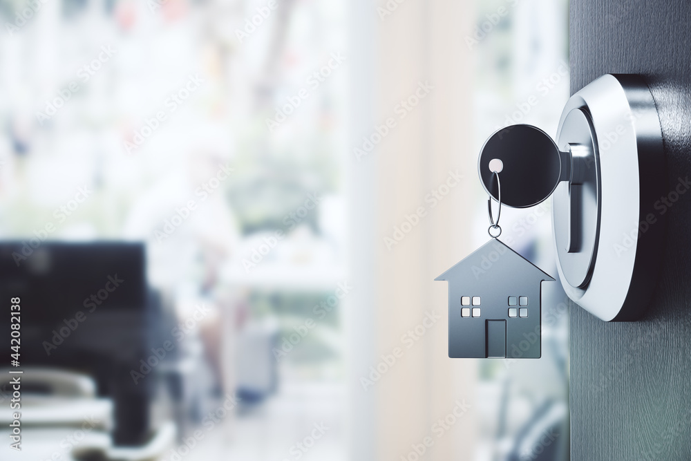 Poster opening door with silver house key chain on blurry interior background and mock up place for your ad