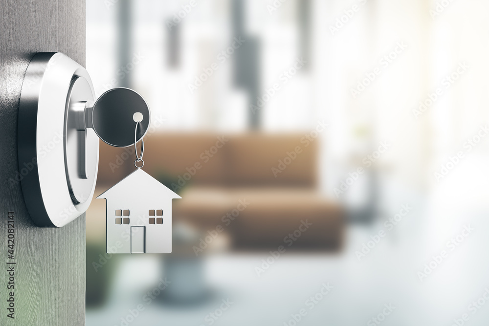 Poster opening door with silver house key chain on blurry room background and mock up place for your advert