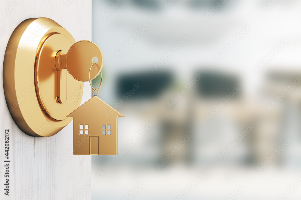 Poster opening door with golden house key chain on blurry interior background and mock up place for your ad