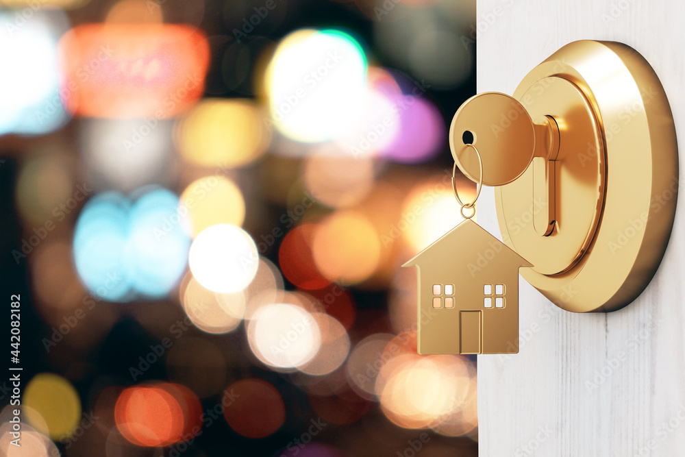 Aufkleber Opening door with golden house key chain on blurry bokeh background and mock up place for your advertisement. Home purchase concept. 3D Rendering.