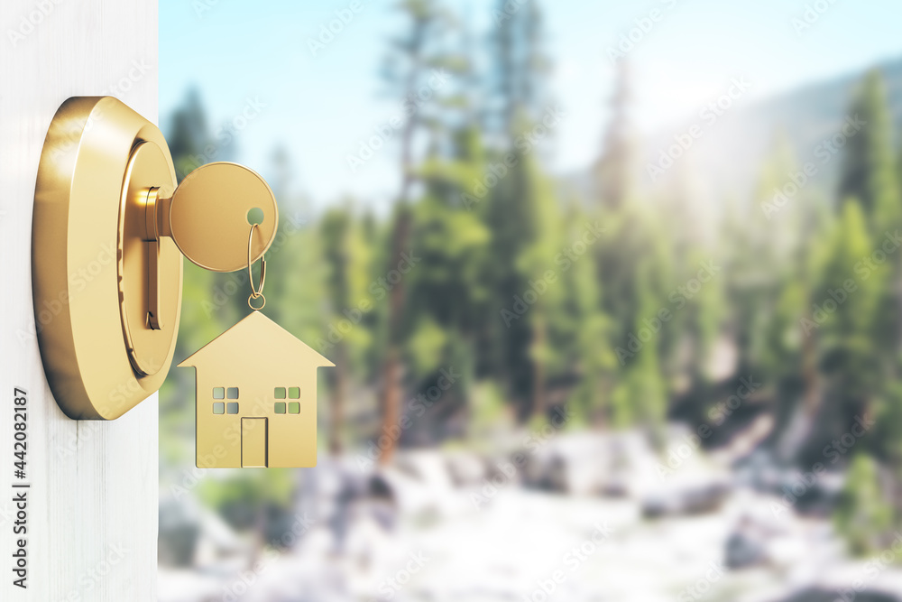 Poster opening door with golden house key chain on blurry green background and mock up place for your adver