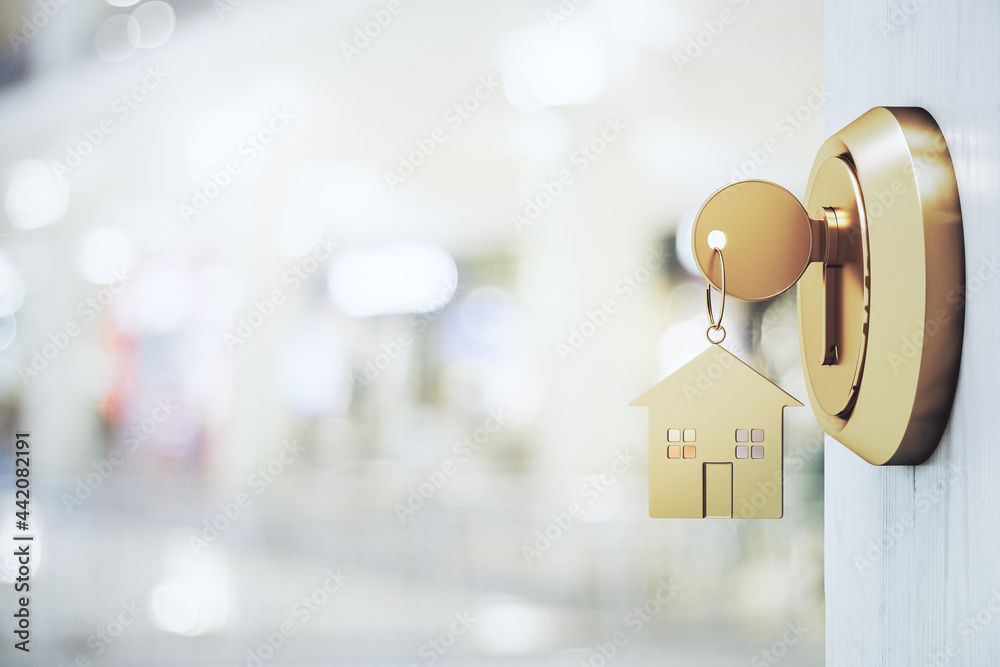 Poster opening door with golden house key chain on blurry office background and mock up place for your adve