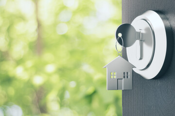 Opening door with silver house key chain on blurry green background and mock up place for your advertisement. Home purchase concept. 3D Rendering.